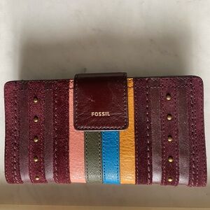 Fossil Logan Bifold Clutch Wallet Multicolor Leather And Suede Striped Retro VTG